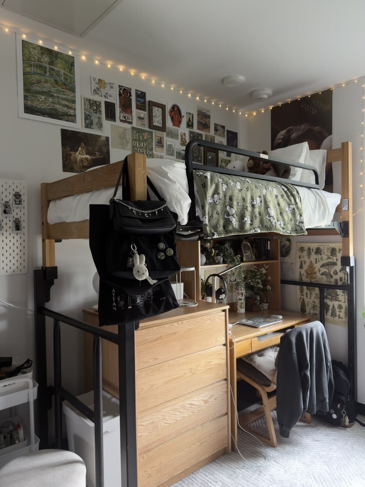 A cozy lofted dorm bed with a decorated gallery wall, fairy lights, and a desk setup below